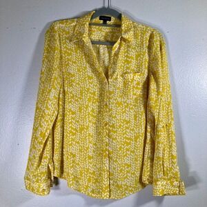 The Limited Womens S Yellow White Abstract Print Roll Tab Button Down Blouse